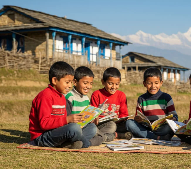 Himalayan village children happily reading books in an Indian mountain community